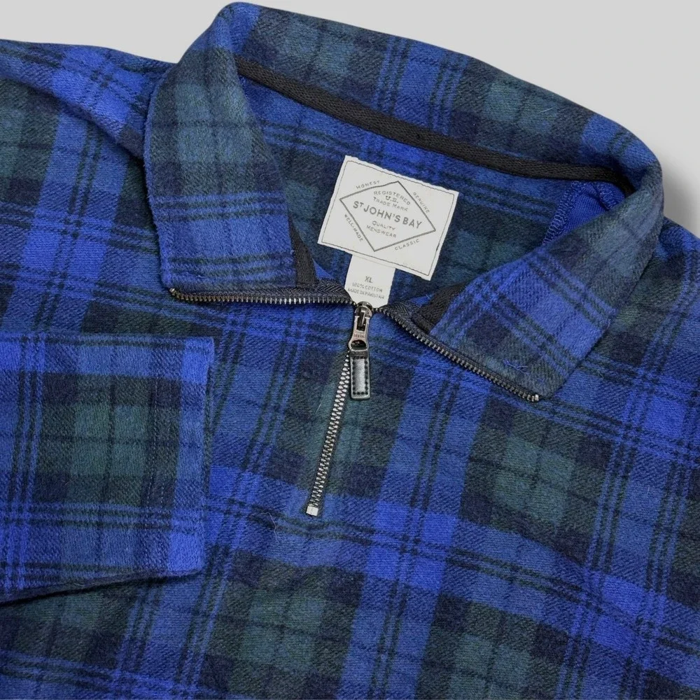 Vintage St Johns Bay Quarter Zip Men XL Blue Green Tartan Plaid Flannel Pullover